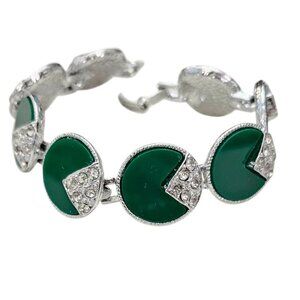 Silver Tone Clear Rhinestones Green Inlay Vintage 1940s-1950s Link Bracelet